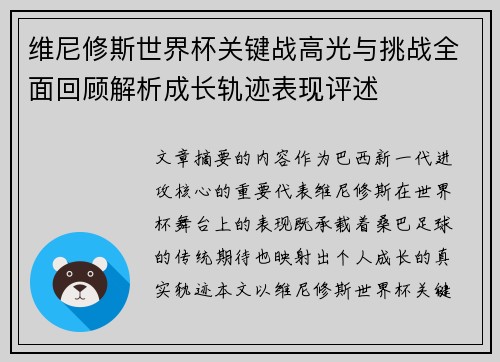 维尼修斯世界杯关键战高光与挑战全面回顾解析成长轨迹表现评述